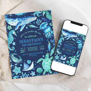 Under the Sea Watercolor Ocean Animals Birthday Invitation