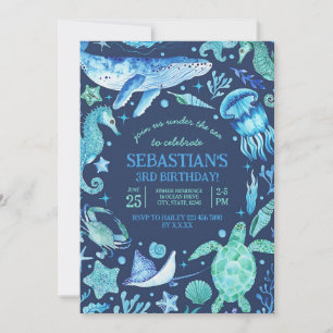 Under the Sea Watercolor Ocean Animals Birthday Invitation