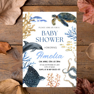 "Under the Sea" Watercolor Ocean Life Baby Shower  Invitation