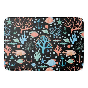Under the Sea Watercolor Pattern Dark Bath Mat