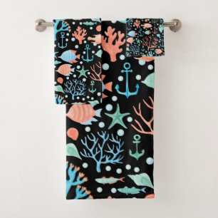 Under the Sea Watercolor Pattern Dark Bath Towel Set