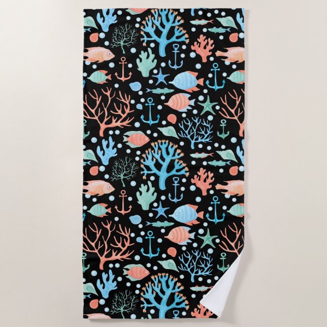 Under the Sea Watercolor Pattern Dark Beach Towel (Front)