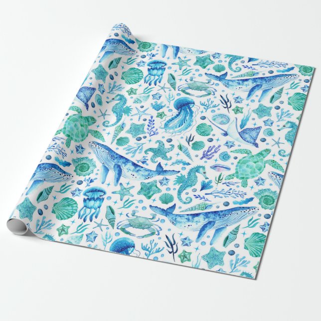 Under the Sea Watercolor Pattern Wrapping Paper (Unrolled)