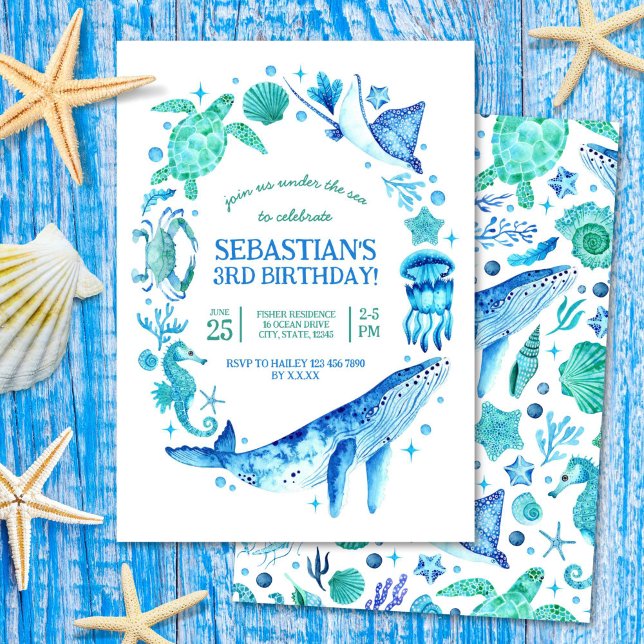 Under the Sea Watercolor Sea Creatures Blue Invitation (Under the Sea Watercolor Sea Creatures Blue Invitation)