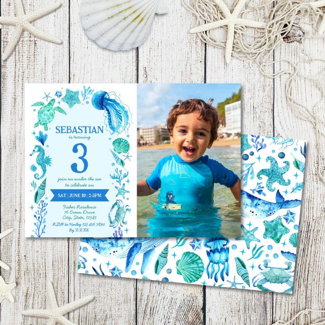 Under The Sea Watercolor Sea Life Birthday Photo Invitation (Under The Sea Watercolor Sea Life Blue Photo Invitation)