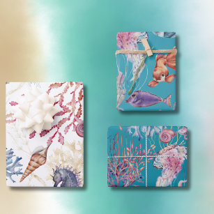 Under The Sea Watercolor Seahorse Starfish Turtles Wrapping Paper Sheet