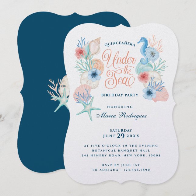 Under The Sea Watercolor Seashells Quinceañera Invitation (Front/Back)