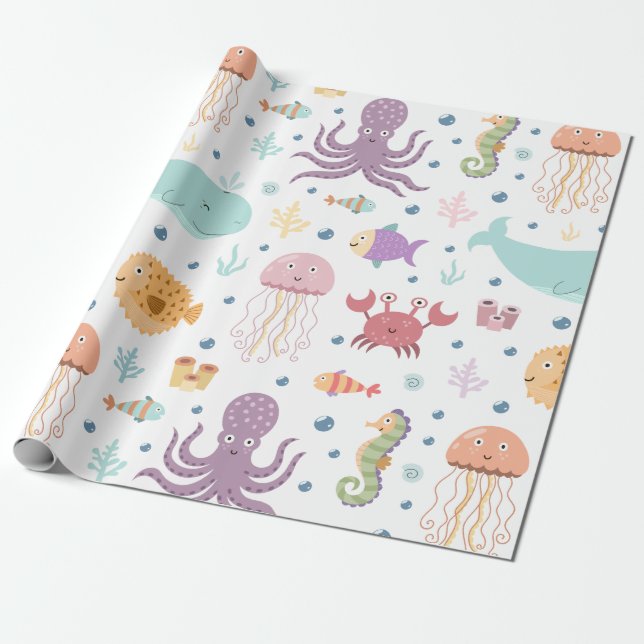 Under the Sea Whale Pattern Wrapping Paper (Unrolled)