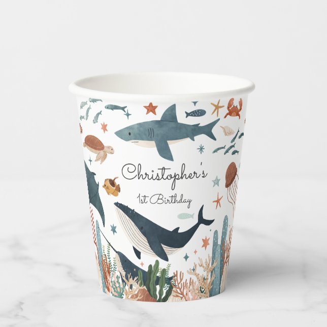 Under the Sea Whale Shark Sea Life 1st Birthday Paper Cups (Front)