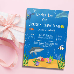Under the sea whale turtle shark fish 3rd birthday invitation