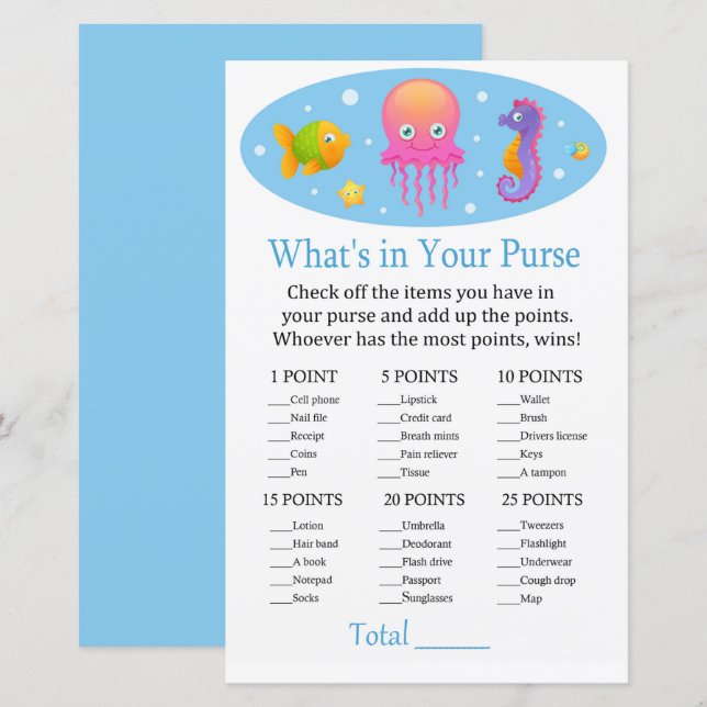 Under the sea What's in your purse game baby showe (Front/Back)