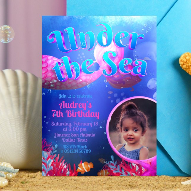 Under the Sea with Photo Invitation (Under the Sea - Mermaid Girl  Invitation with Photo)