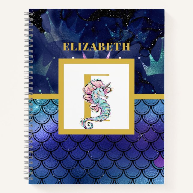 Under the Sea with  Seahorse Unicorn Add Initial Notebook (Front)