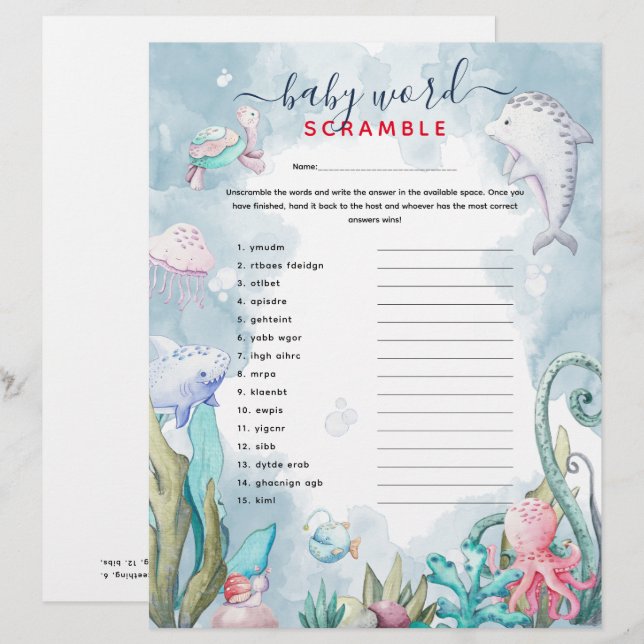 Under-the-Sea 'Word Scramble' Baby Shower Game (Front/Back)