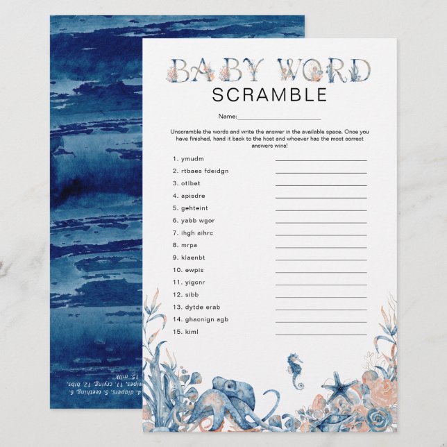 Under the Sea 'Word Scramble' Game Baby Shower  (Front/Back)