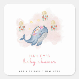 Under The See Sweet Whale Floral Baby Shower Square Sticker