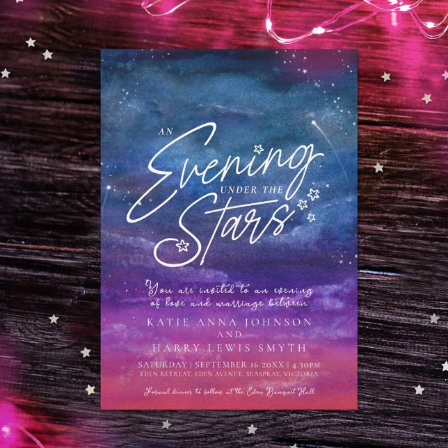 Under the stars blue purple evening wedding photo invitation (Creator Uploaded)