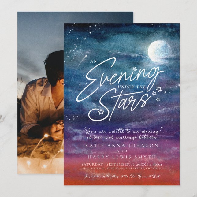 Under the stars moon evening wedding photo invitation (Front/Back)