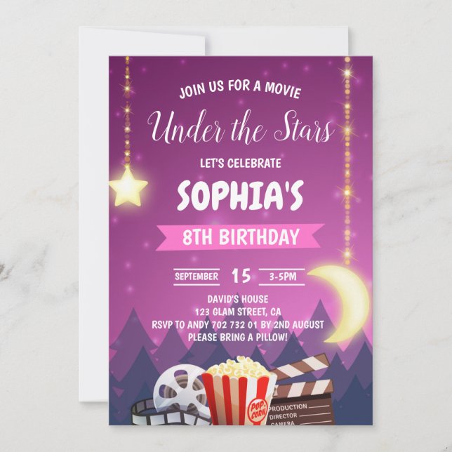 Under the Stars Movie Night Girl Birthday Party Invitation (Front)