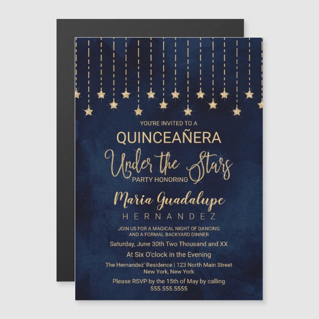 Under the Stars Navy Blue Gold Sparkle Quinceañera Magnetic Invitation (Front/Back)