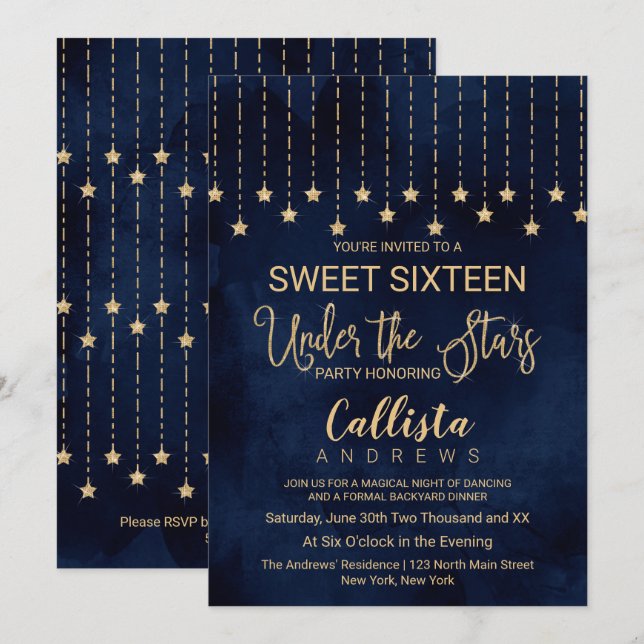 Under the Stars Navy Blue Gold Sparkles Sweet 16 Invitation (Front/Back)