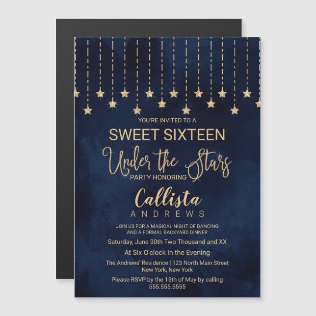 Under the Stars Navy Blue Gold Sparkles Sweet 16 Magnetic Invitation (Front/Back)