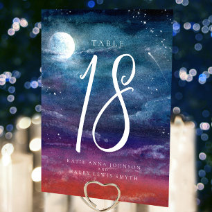 Under the stars night moon blue orange art wedding table number