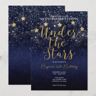 Under The Stars Starry Night Gold Blue Prom Party Invitation