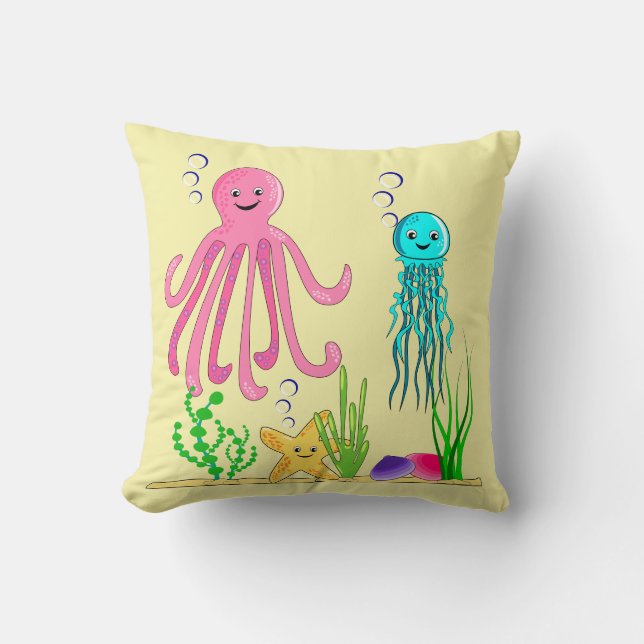 Under the Waves Sea Creatures Lemon Cushion (Front)