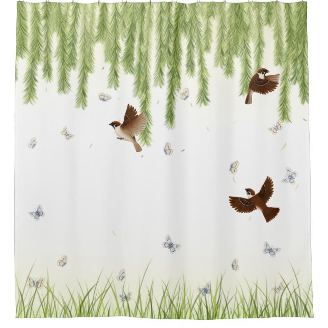 Under the Weeping Willow Birds & Butterflies Showe Shower Curtain (Front)