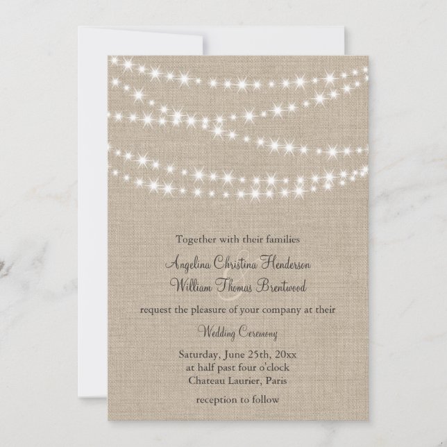 Under Twinkle Lights on Burlap Wedding Invitation (Front)