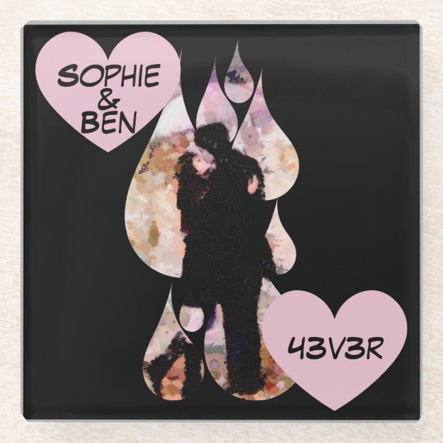 Under Umbrella: Romantic Couple Kissing in Rain Glass Coaster (Front)