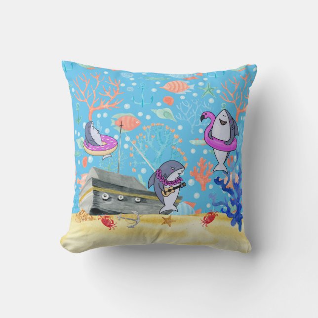 Under Water Deep  Sea Shark Party Time Kids Cushion (Front)