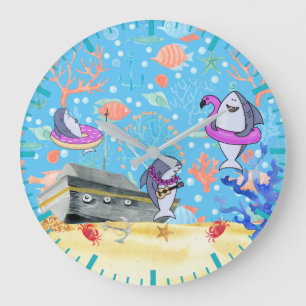 Under Water Deep Sea Shark Party Time Kids Large Clock