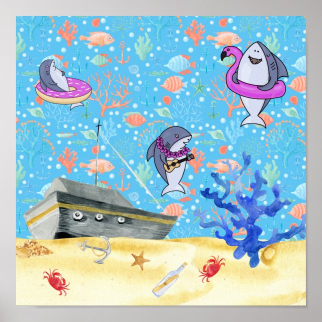Under Water Deep  Sea Shark Party Time Kids Poster (Front)