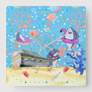 Under Water Deep  Sea Shark Party Time Kids Square Wall Clock