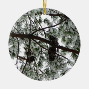 Underneath the Snow Covered Pine Tree Winter Photo Ceramic Tree Decoration