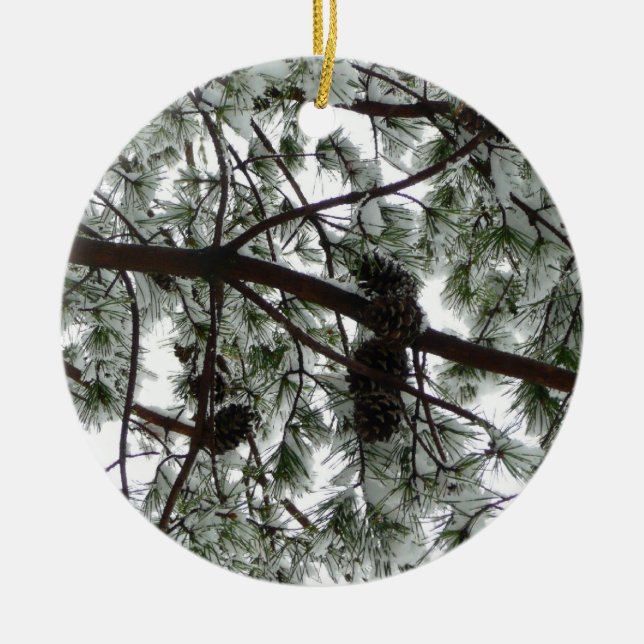 Underneath the Snow Covered Pine Tree Winter Photo Ceramic Tree Decoration (Front)