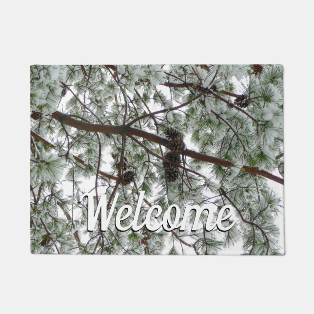 Underneath the Snow Covered Pine Tree Winter Photo Doormat (Front)