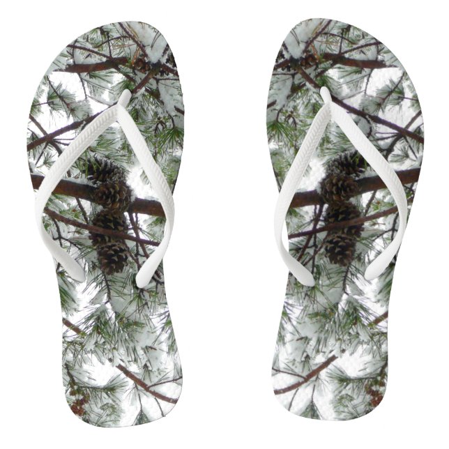 Underneath the Snow Covered Pine Tree Winter Photo Flip Flops (Footbed)