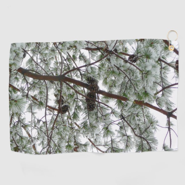 Underneath the Snow Covered Pine Tree Winter Photo Golf Towel (Horizontal)