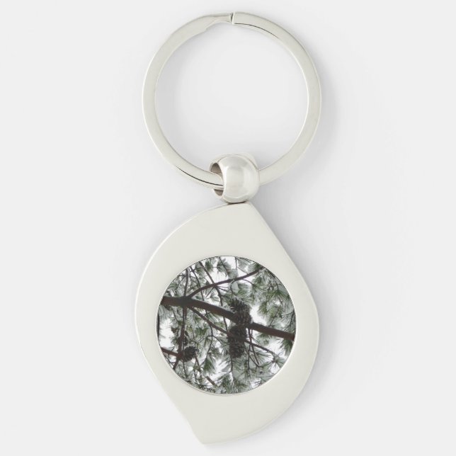 Underneath the Snow Covered Pine Tree Winter Photo Key Ring (Front)