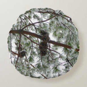 Underneath the Snow Covered Pine Tree Winter Photo Round Cushion