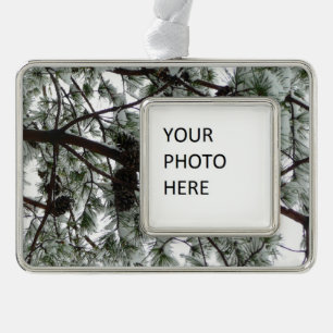 Underneath the Snow Covered Pine Tree Winter Photo Silver Plated Framed Ornament