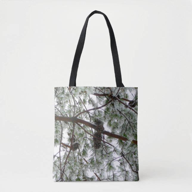 Underneath the Snow Covered Pine Tree Winter Photo Tote Bag (Front)