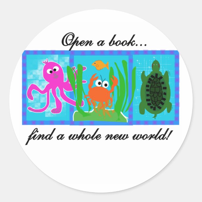 Undersea Adventure Open a Book Classic Round Sticker (Front)