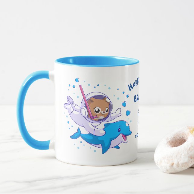 Undersea cat and dolphin custom mug (With Donut)