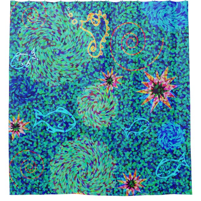 Undersea Mosaic Fish Seahorse Green Blue Pink Shower Curtain (Front)