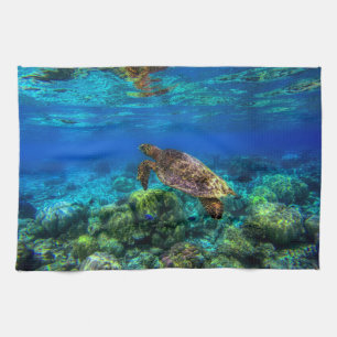 Undersea Tropical Sea Turtle Coral Tea Towel