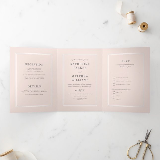 Understated Elegance Blush Pink All-In-One Wedding Tri-Fold Invitation (Inside)